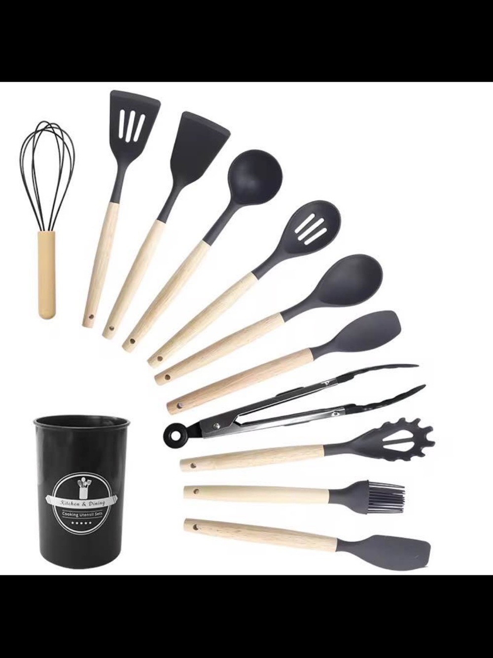 Black Silicone Bamboo-Handle Kitchen Utensil Set - Picture 2 of 2